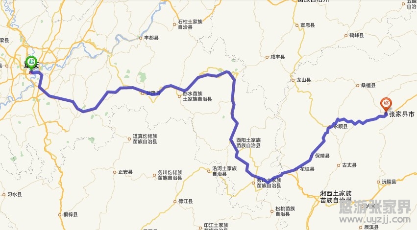重慶到張家界自駕車地圖